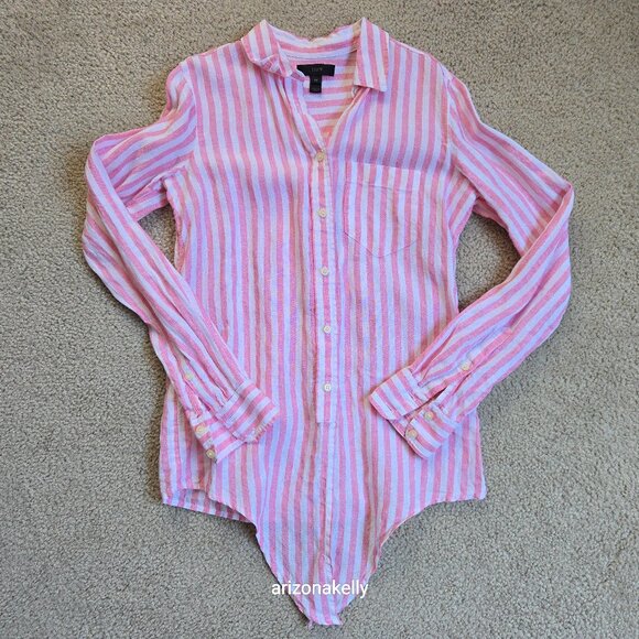 J. Crew Tops - J. Crew Linen Button Down Pink + White Tie Waist